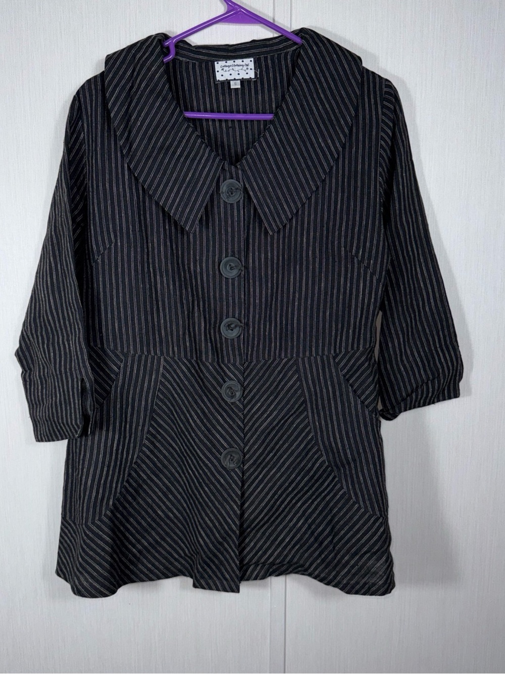 Womens Cottage Clothing Inc. S Black Pinstripe Round Collar Blazer Lagenlook